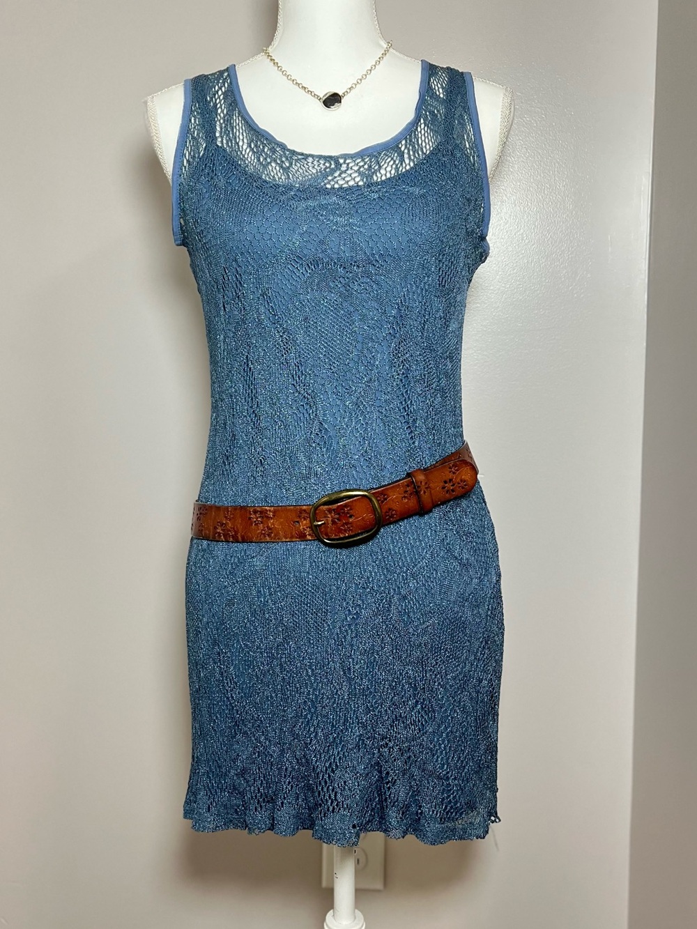 Vintage 1980-90s Cornflower Blue Slip Midi Dress & Lace Mesh Set 🦋